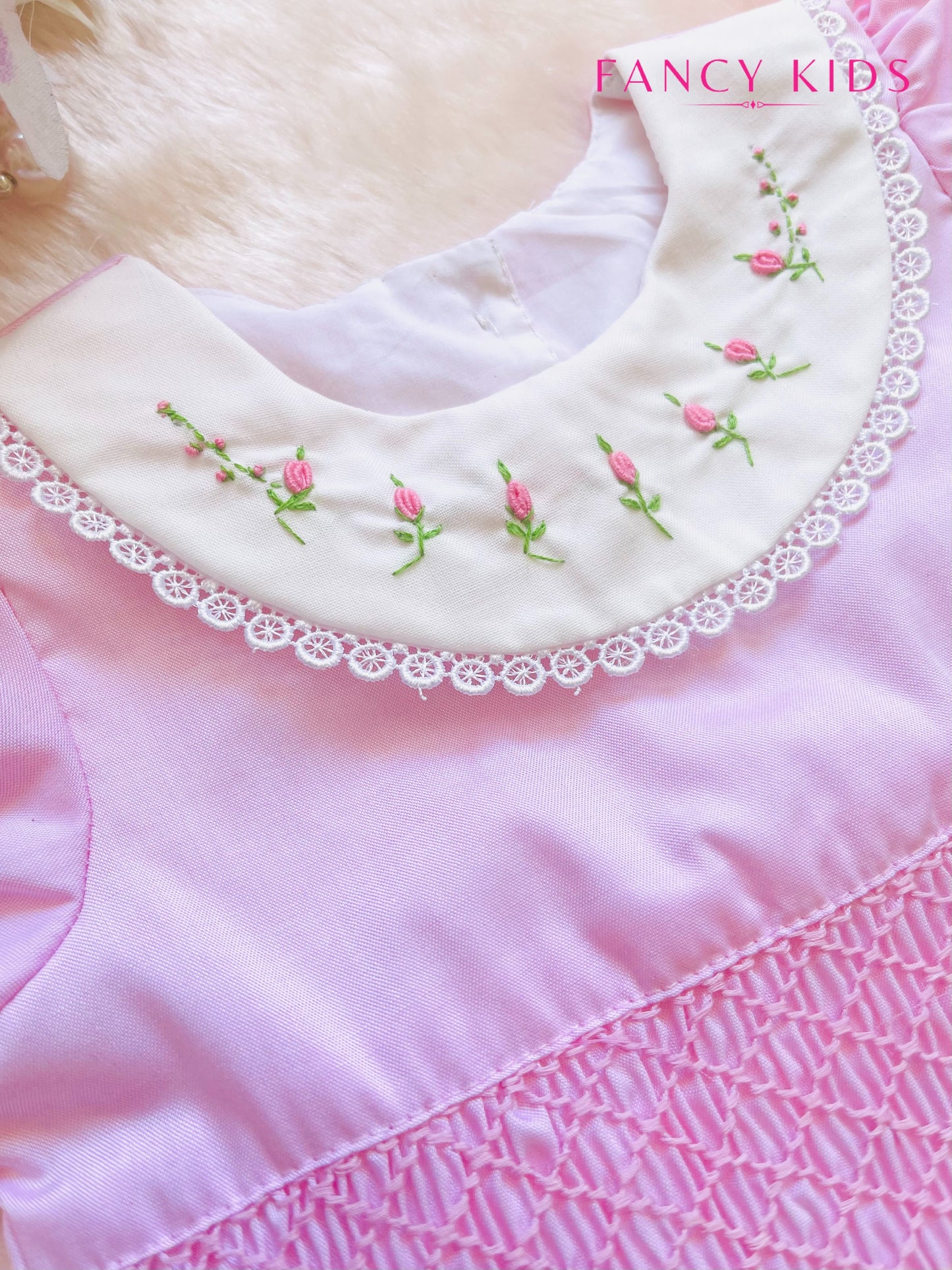 Hand smocked hand embroidered pink cotton dress