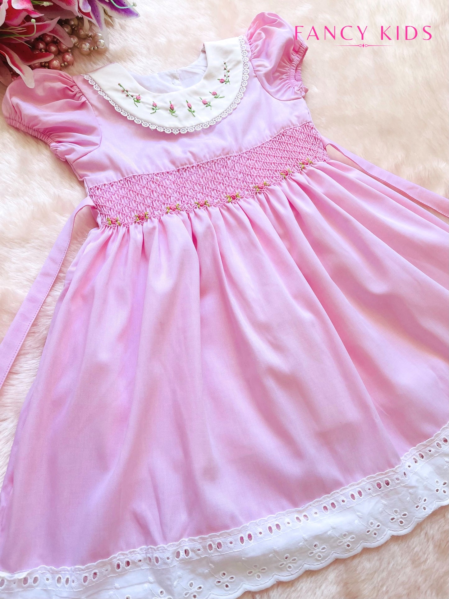 Hand smocked hand embroidered pink cotton dress