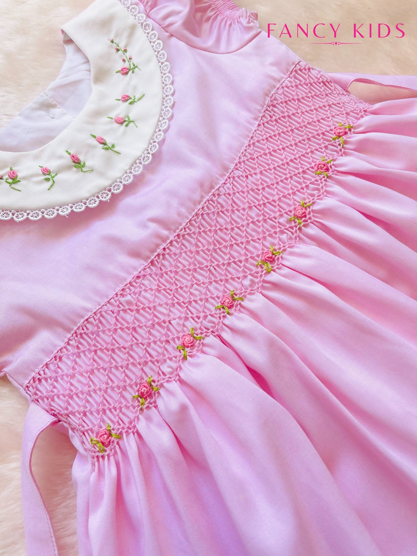 Hand smocked hand embroidered pink cotton dress